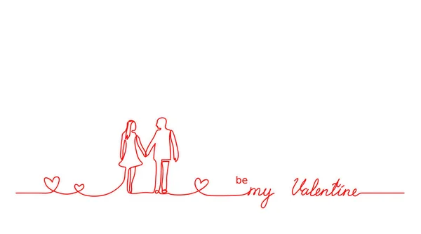 Sii la mia scritta di San Valentino. Linea rossa sfondo vettore minimalista con coppia, amore, cuori e testo Be my Valentine. Bandiera continua di disegno a una linea — Vettoriale Stock