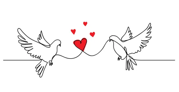 Duif, duivenpaar met hart. Liefde concept, vector eenvoud. Continu een lijn tekening banner met in liefde duiven — Stockvector