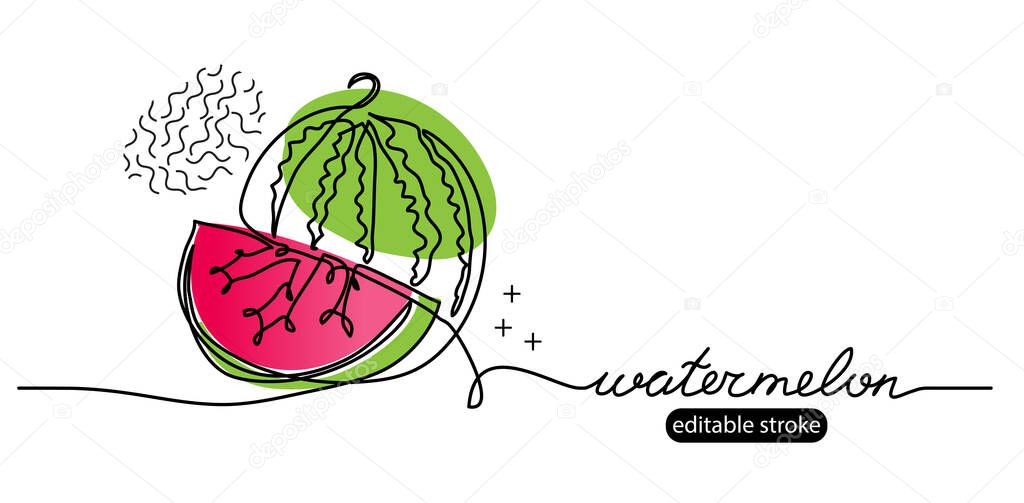 Watermelon vector sketch, illustration, banner in modern memphis style. One continuous line drawing. Minimalist banner, background, poster with lettering watermelon