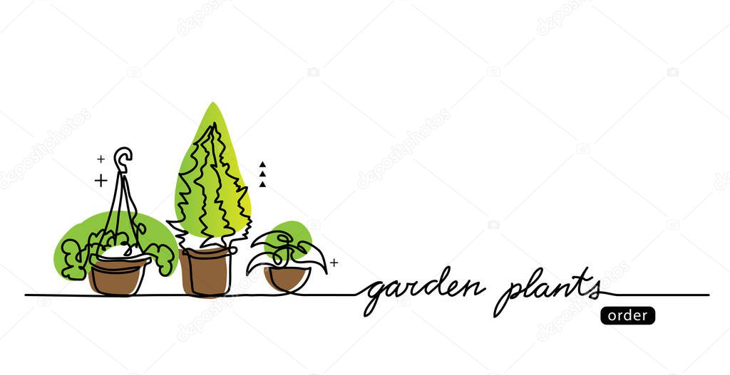 Garden plants in the pots vector sketch, web banner, illustration, background. One continuous line drawing banner with green garden plants