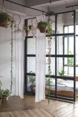 Eklektik yatak odası bitkilerle dolu..