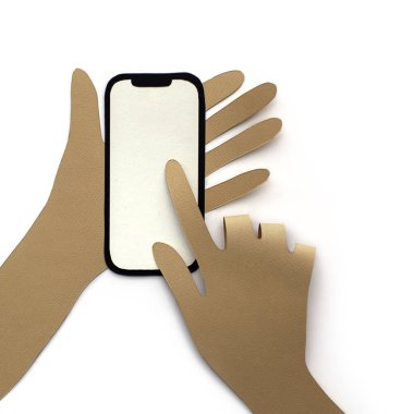 Paper craft hands hold phone. Finger touches screen. Isolated background. 