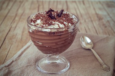 Çikolatalı dondurma, çırpılmış krema, ahşap bir masada, tatlı yemek.