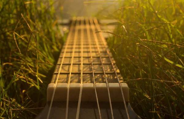 Günbatımında çimlerde siyah gitar