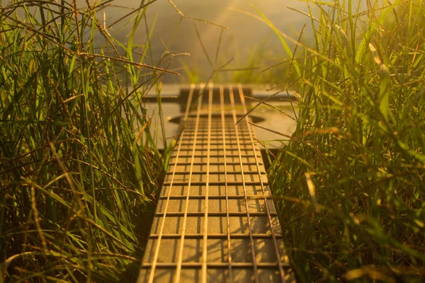 Günbatımında çimlerde siyah gitar