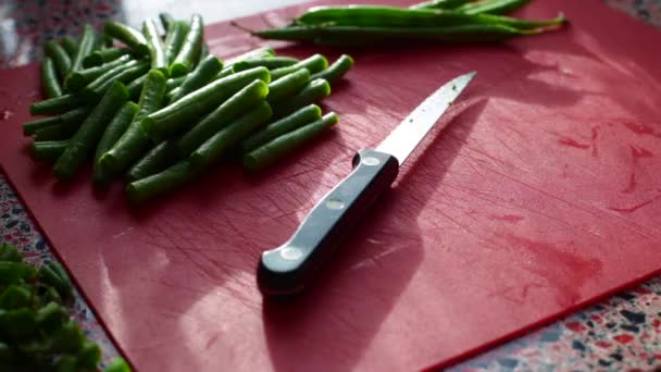 Chef Agarrando Judías Verdes Picándolas Cocina Hora Del Almuerzo — Vídeos de Stock