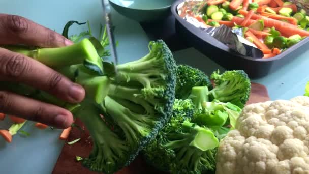 Movimiento Lento Persona Picando Brócoli Para Comida Vegana — Vídeo de stock