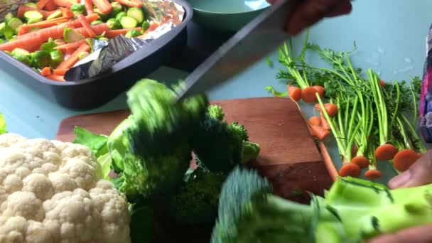 Långsam Rörelse Person Hacka Broccoli För Vegan Måltid — Stockvideo