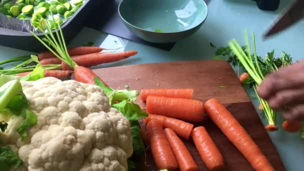 Kok Die Thuis Groenten Hakt Voor Lunch — Stockvideo