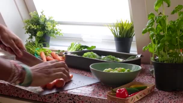 Homme Préparant Repas Végétalien Dans Cuisine — Video