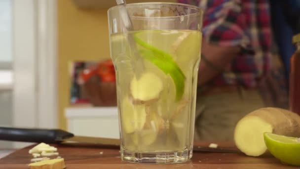 Low View Person Making Ginger Lemon Tea Kitchen Sec — Stock Video