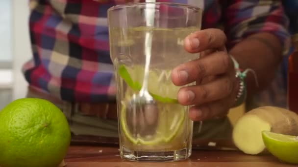 Visão Baixa Pessoa Fazendo Chá Limão Gengibre Cozinha Seg — Vídeo de Stock