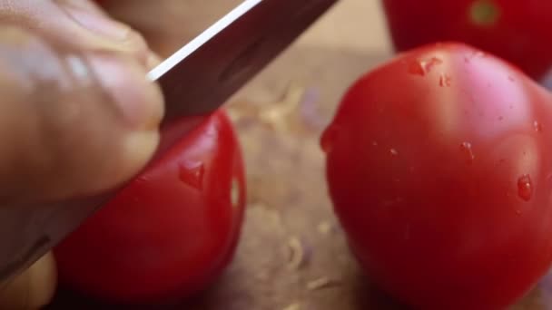 Macro Close Uncooked Red Cherry Tomatoes — Stock Video