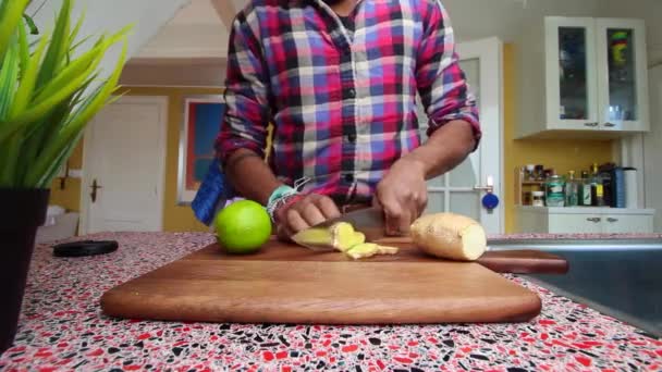 Low View Person Making Ginger Lemon Tea Kitchen — Stock Video