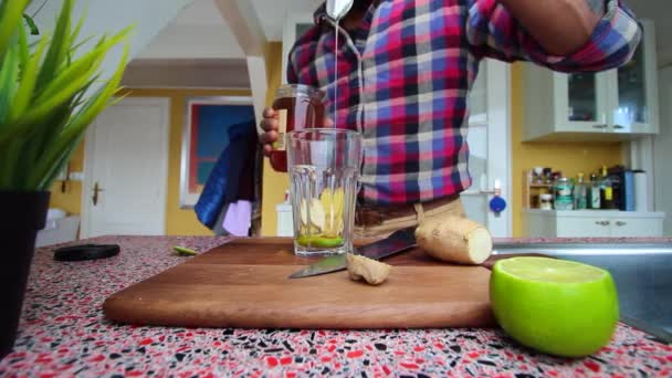 Low View Person Making Ginger Lemon Tea Kitchen — Stock Video