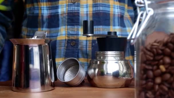 Low View Person Making Espresso Coffee Moka Pot Home — Stock Video