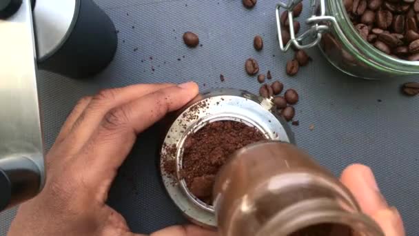 Macro View Barista Making Espresso Coffee Moka Pot Morning — Stock Video