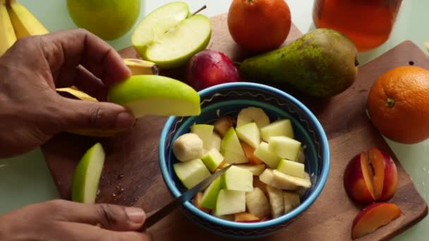 Top View Chef Making Healthy Fruit Salad Home — Stock Video