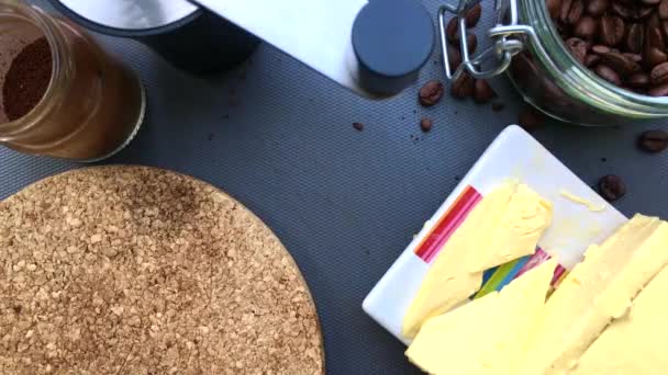 Flat Lay Degree Person Making Delicious Bulletproof Coffee Kitchen Home — Stock Video