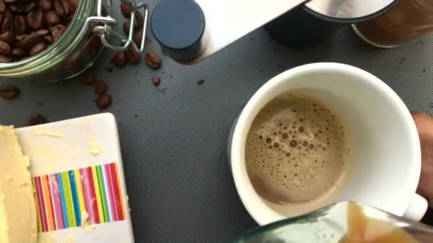 Flat Lay Degree Person Making Delicious Bulletproof Coffee Kitchen Home — Stock Video