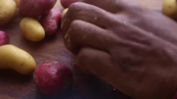 Ręce Osoby Przygotowujące Organiczne Ziemniaki Drewnianej Desce Krojenia Kuchni Domu — Wideo stockowe