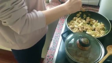 Eletric sobada tavuk kızartan genç bayanı kapatın.