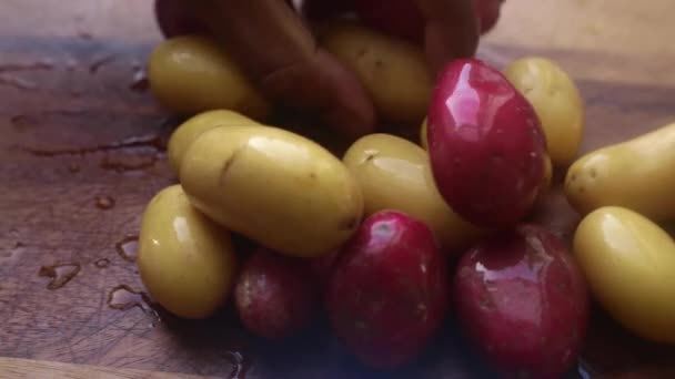Persons Hands Preparing Potatoes Wooden Board — Stock Video