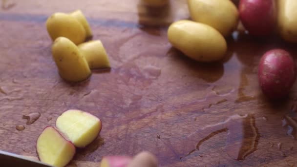 Persons Hands Preparing Potatoes Wooden Board — Stock Video