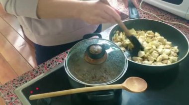 Eletric sobada tavuk kızartan genç bayanı kapatın.