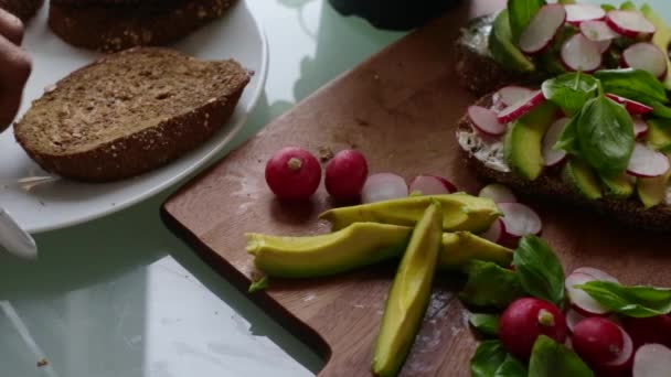 Top View Chef Making Delicious Vegan Tartine Sandwich — Stock Video
