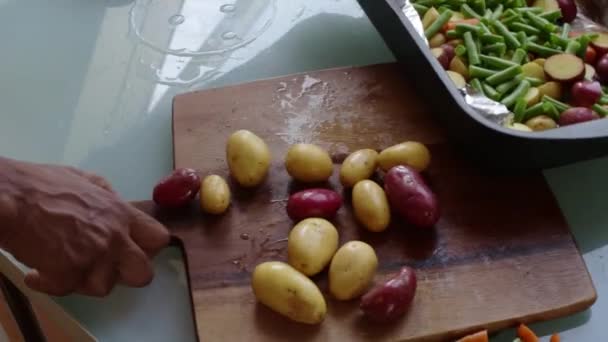 Person Hands Preparing Vegetables Wooden Board Kitchen — Stock Video