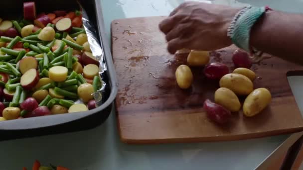 Person Hands Preparing Vegetables Wooden Board Kitchen — Stock Video