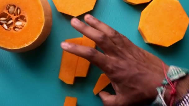 Flat Lay Person Preparing Organic Pumpkin Butternut Squash — Stock Video