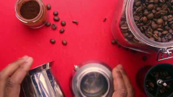 Flat Lay Graden Van Persoon Het Maken Van Espresso Koffie — Stockvideo