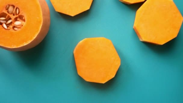 Flat Lay Person Preparing Pumpkin Butternut Squash — Stock Video