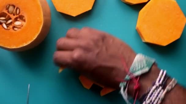 Flat Lay Person Preparing Pumpkin Butternut Squash — Stock Video