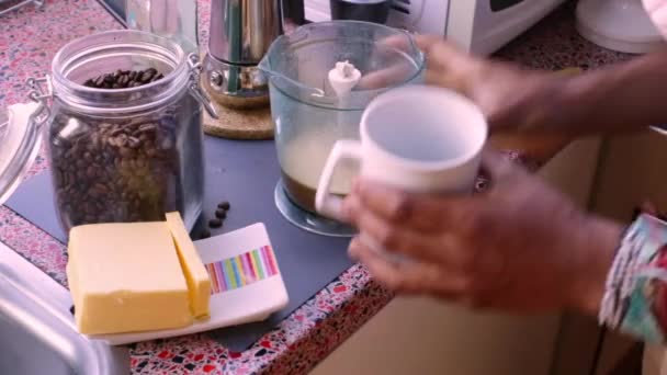 Person Making Healthy Bulletproof Coffee Butter Mct Oil — Stock Video