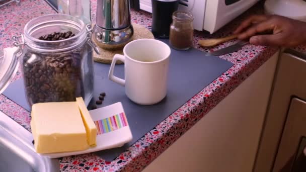 Person Making Healthy Bulletproof Coffee Butter Mct Oil — Stock Video