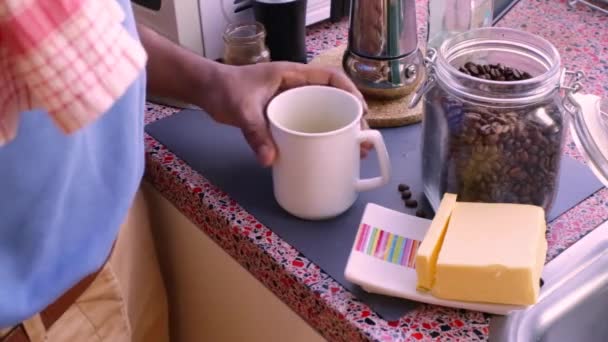 Person Making Healthy Bulletproof Coffee Butter Mct Oil — Stock Video