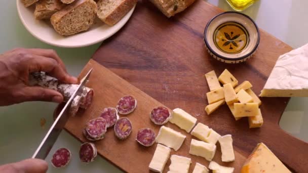 Top View Chef Preparing Wooden Board Appetisers — Stock Video