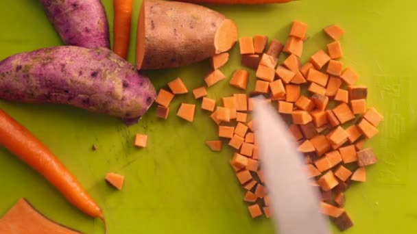 Flat Lay Person Preparing Fresh Vegetables Chopping Board — Stock Video