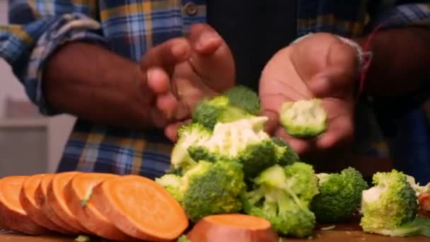 Pessoa Preparando Refeição Orgânica Com Legumes Casa — Vídeo de Stock