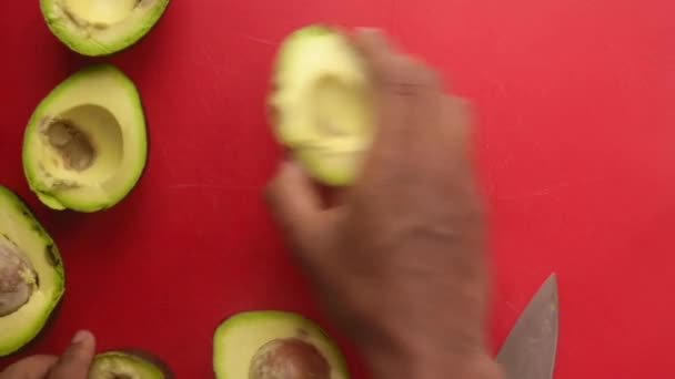 Top View Person Hands Preparing Avocados Chopping Board — Stock Video