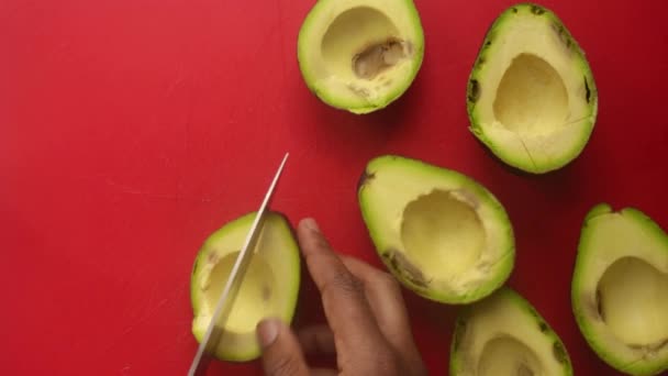 Top View Person Hands Preparing Avocados Chopping Board — Stock Video