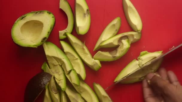 Top View Person Hands Preparing Avocados Chopping Board — Stock Video