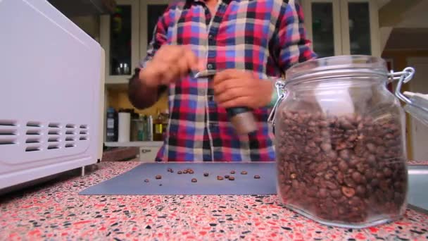 Person Manually Grinding Coffee Beans Kitchen — Stock Video