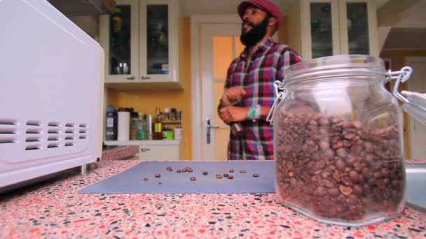 Person Manually Grinding Roasted Coffee Beans Kitchen — Stock Video