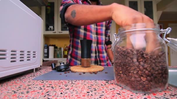 Person Manually Grinding Roasted Coffee Beans Kitchen — Stock Video