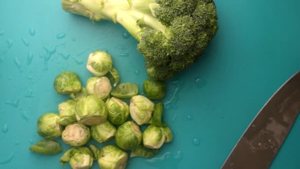 Gradi Vista Chef Preparare Cavoletti Bruxelles Broccoli — Video Stock