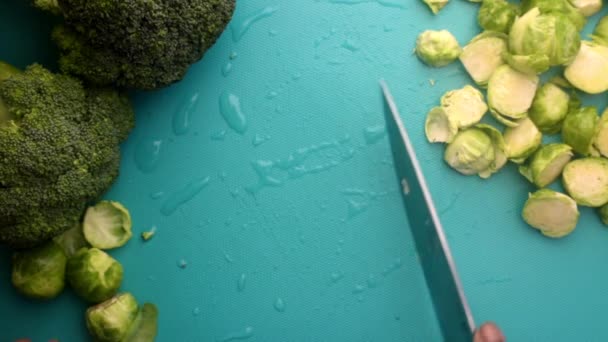 Gradi Vista Chef Preparare Cavoletti Bruxelles Broccoli — Video Stock